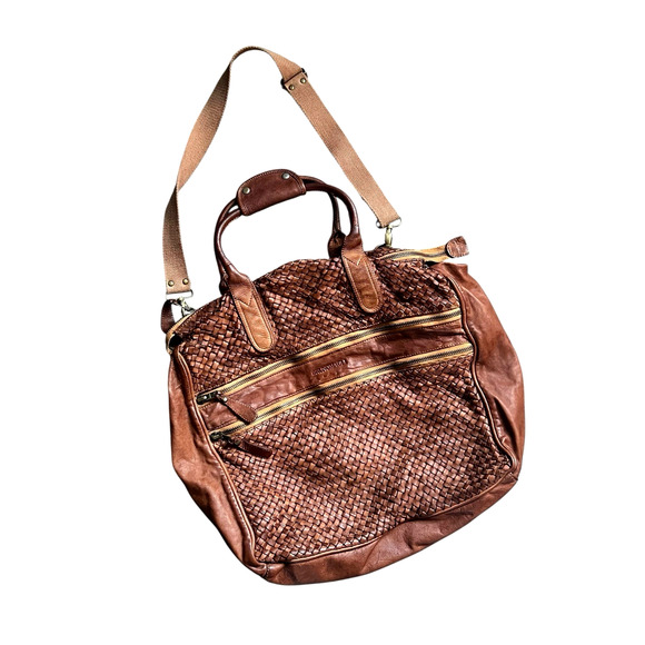 Bruno Magli Woven Leather Satchel Weekender Travel Bag Cognac Brown - Picture 3 of 16